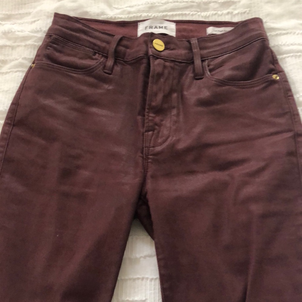 frame burgundy coated skinny jeans